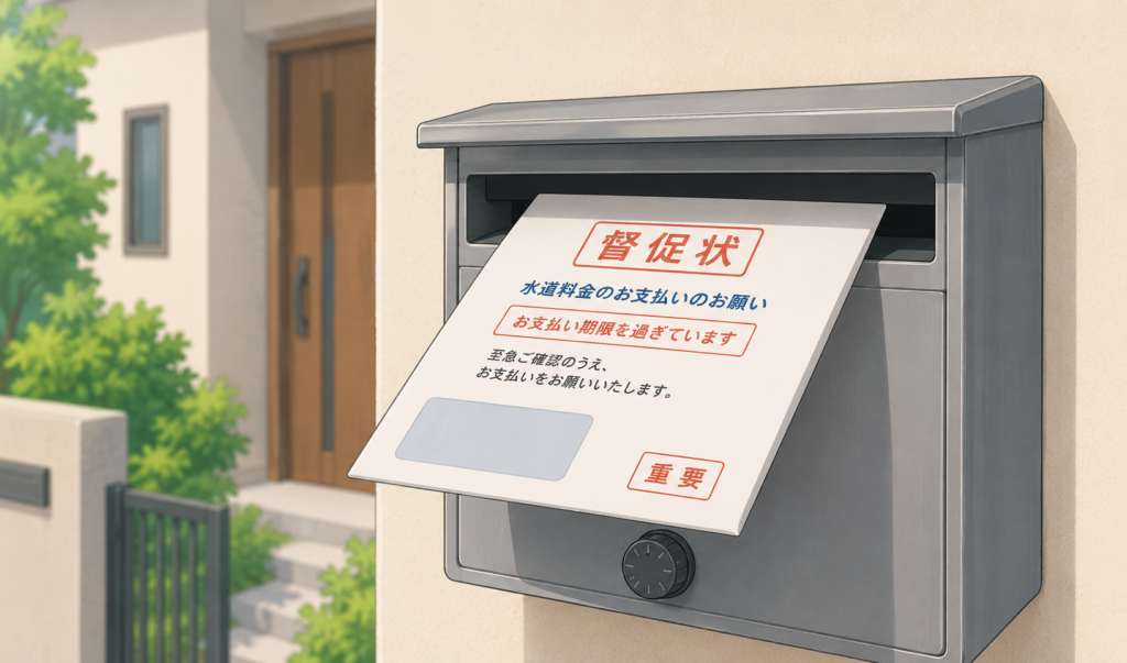 水道料金の督促状が自宅のポストに投函されている様子のイメージイラスト