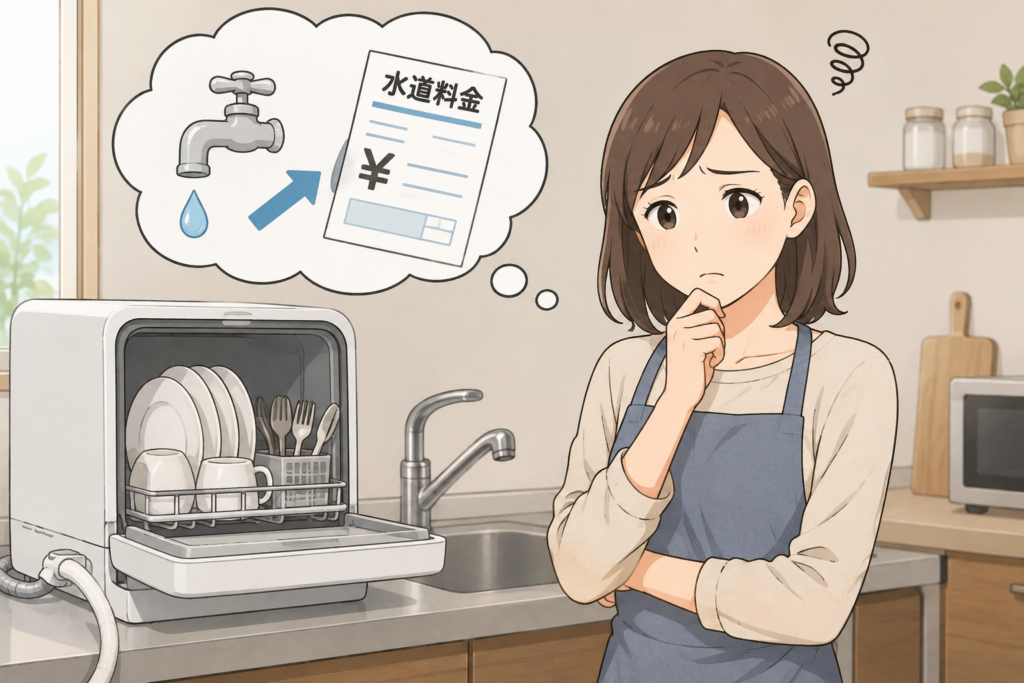 食洗機を使うことで水道代が上がらないか心配している女性のイメージイラスト