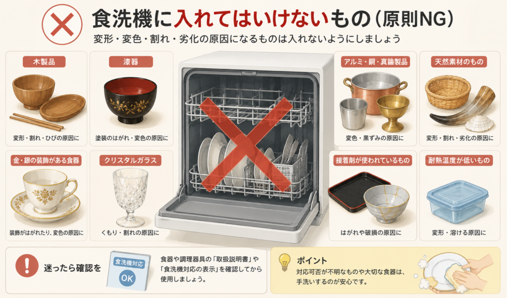 木製品や漆器、クリスタルガラスなど食洗機に適さない食器の例と、食洗機対応表示の確認を促すイラスト