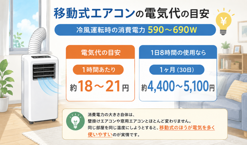 移動式エアコンの消費電力と1時間・1ヶ月あたりの電気代目安を示したイラスト