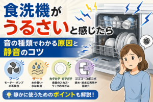 食洗機の運転音を気にする女性と、音の種類ごとの原因や静音のコツを示したイラスト