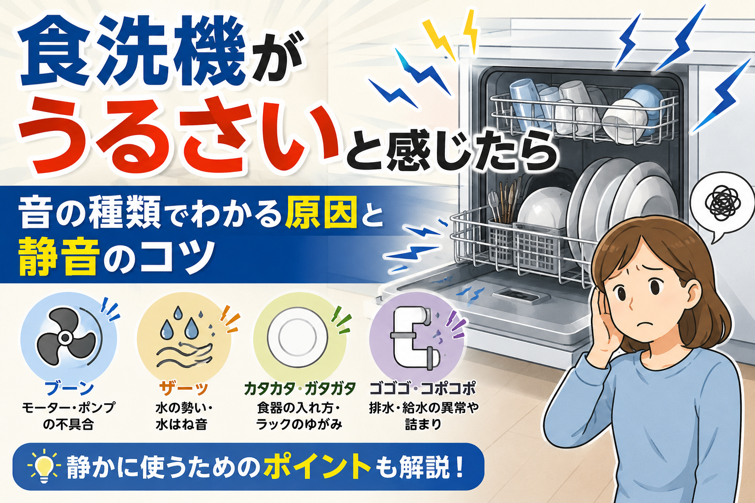 食洗機の運転音を気にする女性と、音の種類ごとの原因や静音のコツを示したイラスト
