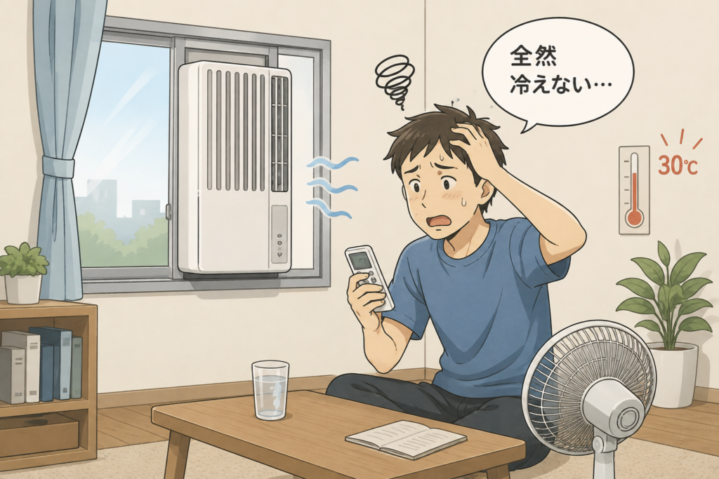 ウインドエアコンをつけても部屋が冷えず、リモコンを手に汗をかきながら困っている男性のイラスト