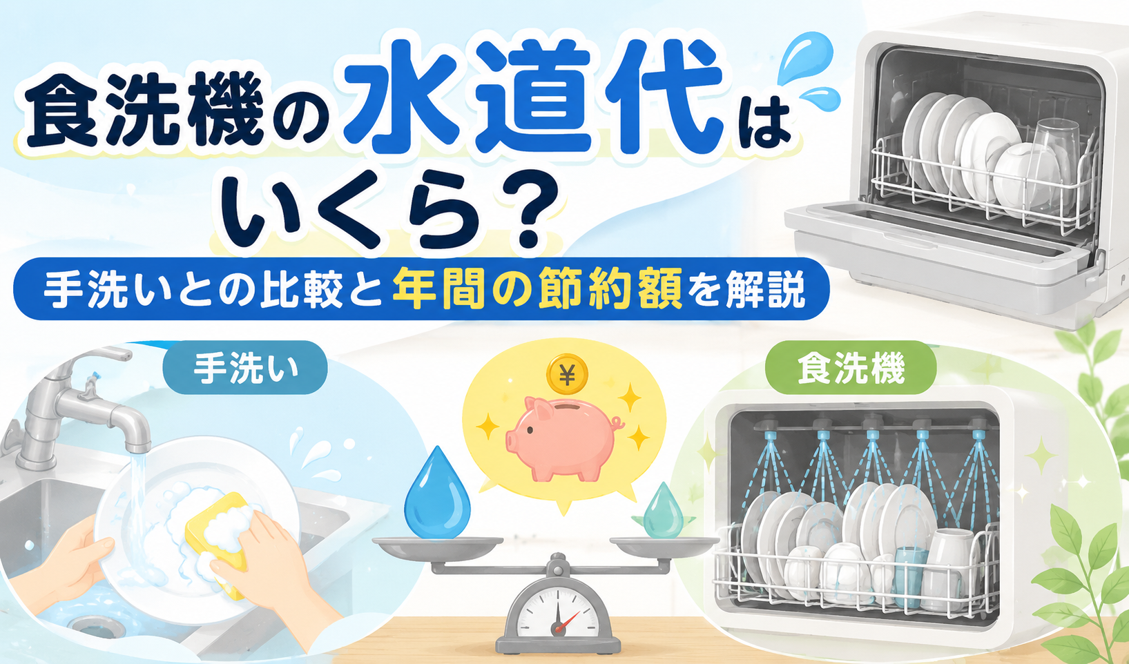 手洗いと食洗機を比較し、水道代の節約をイメージしたサムネイル画像