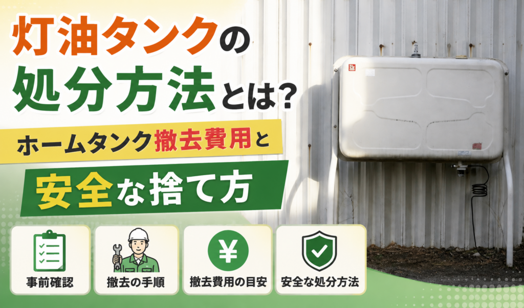 屋外に設置された灯油ホームタンクと、撤去費用や安全な処分方法を紹介するサムネイル画像