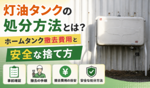 屋外に設置された灯油ホームタンクと、撤去費用や安全な処分方法を紹介するサムネイル画像