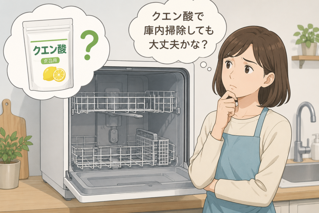 食洗機の庫内掃除にクエン酸を使ってもよいか悩んでいる女性のイメージイラスト