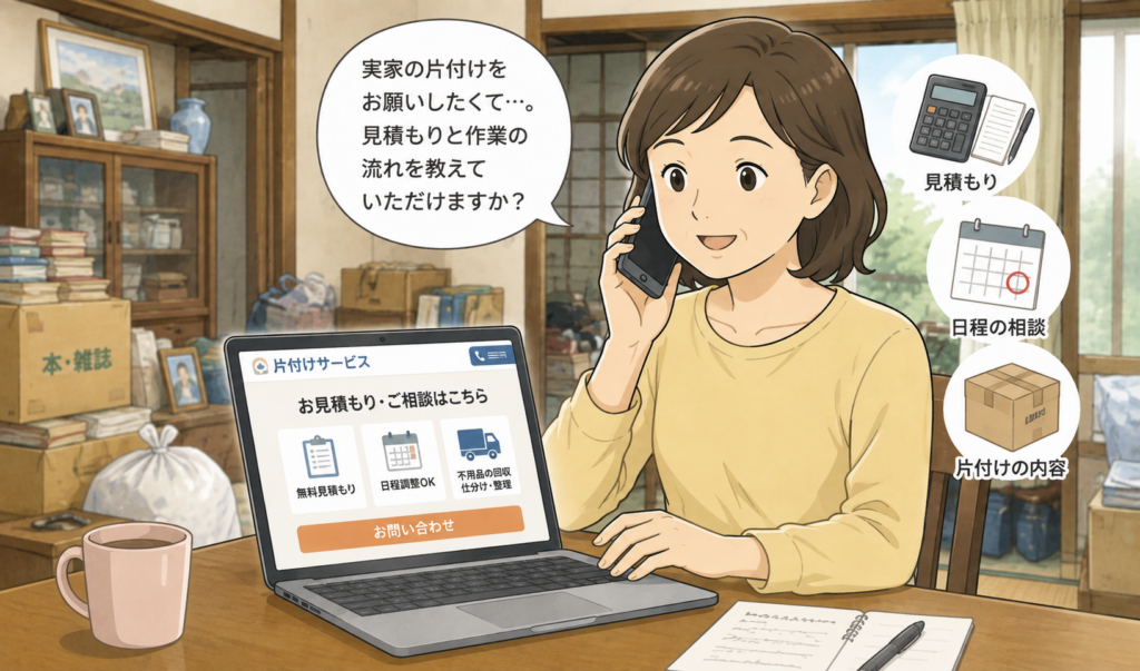 実家の片付けを依頼するため、パソコンで業者を調べながら電話で見積もりや作業日程を相談している女性のイラスト