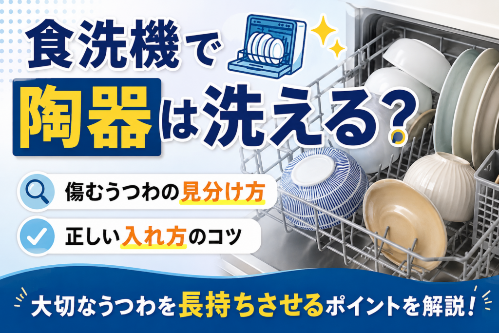 食洗機に陶器のうつわを入れ、傷みやすいうつわの見分け方と正しい入れ方を紹介するサムネイル画像
