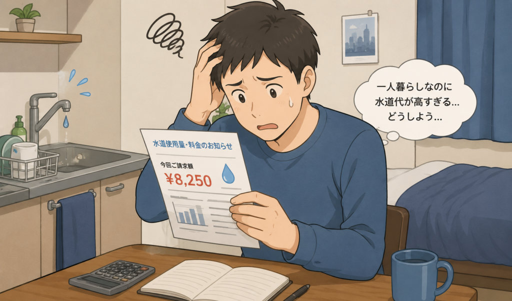 一人暮らしの水道代が高く、請求書を見ながら困っている男性のイラスト