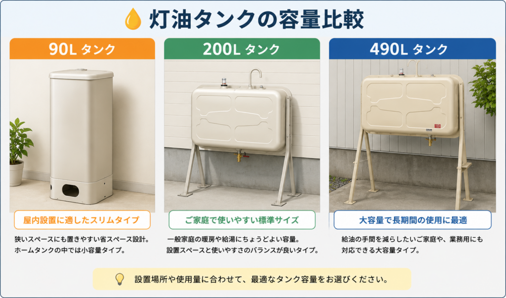 90L・200L・490Lの形状の違いを比較した灯油タンクのイメージイラスト