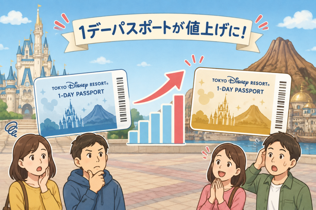 東京ディズニーリゾートの1デーパスポートが値上げしている様子を、上向きの矢印とチケットで表現したイメージイラスト