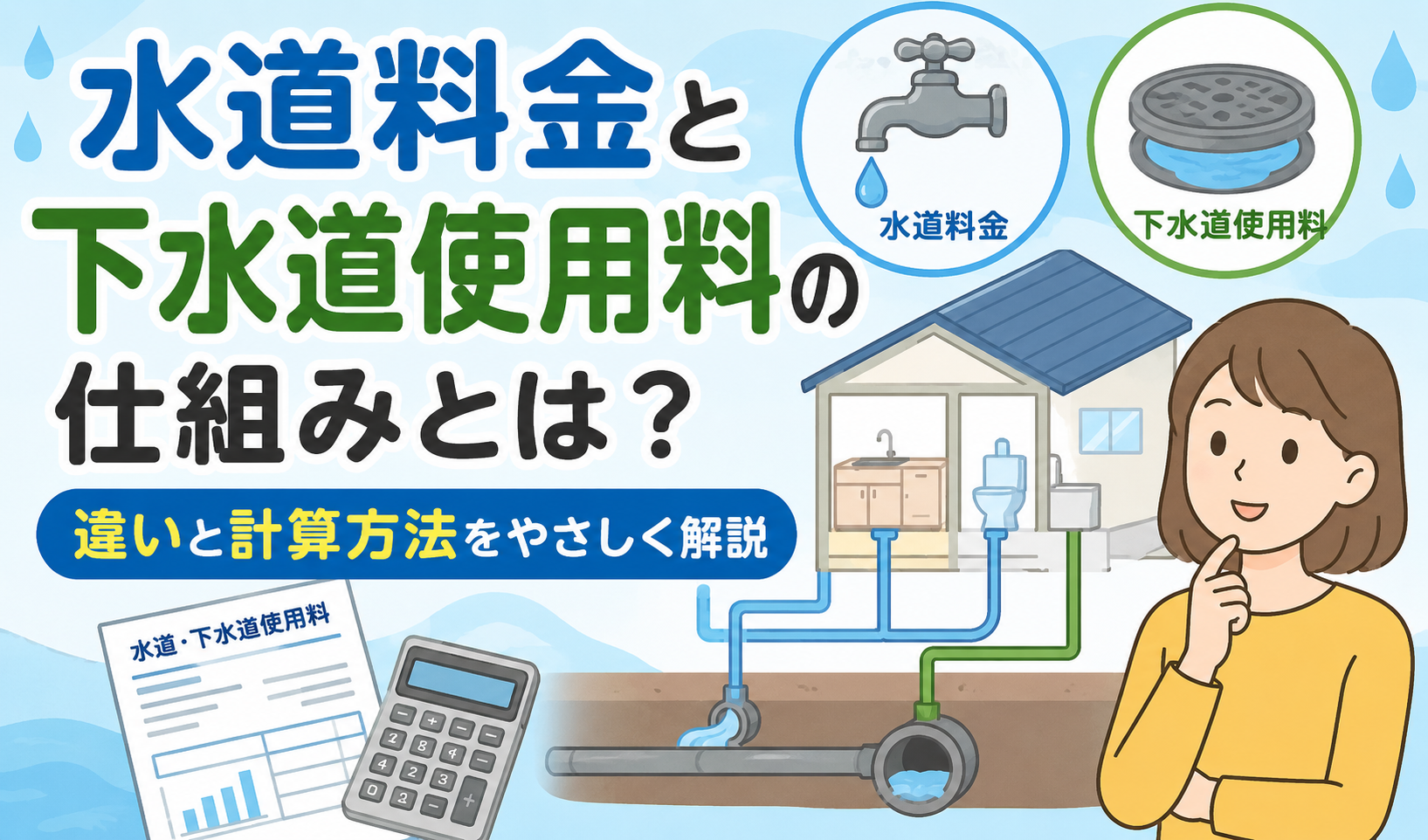 水道料金と下水道使用料の違いや仕組み、計算方法をイラストでわかりやすく解説するサムネイル画像