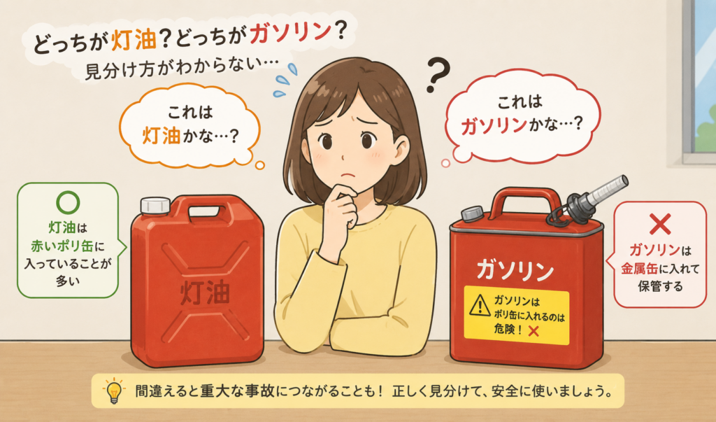 灯油のポリタンクとガソリンの金属製携行缶を前に、見分け方がわからず困っている人物のイラスト