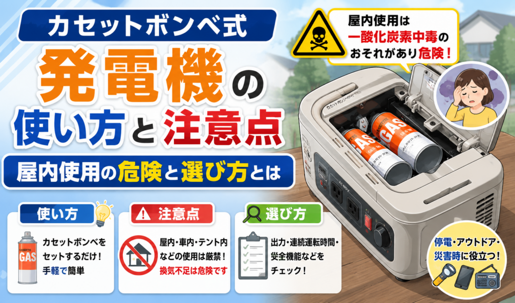 カセットボンベ式発電機にカセットボンベをセットする様子と屋内使用の危険性を示したイラスト