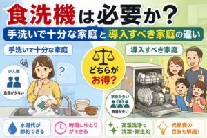 手洗いで十分な少人数家庭と食洗機を導入すべき家族世帯の違いを比較したイラスト