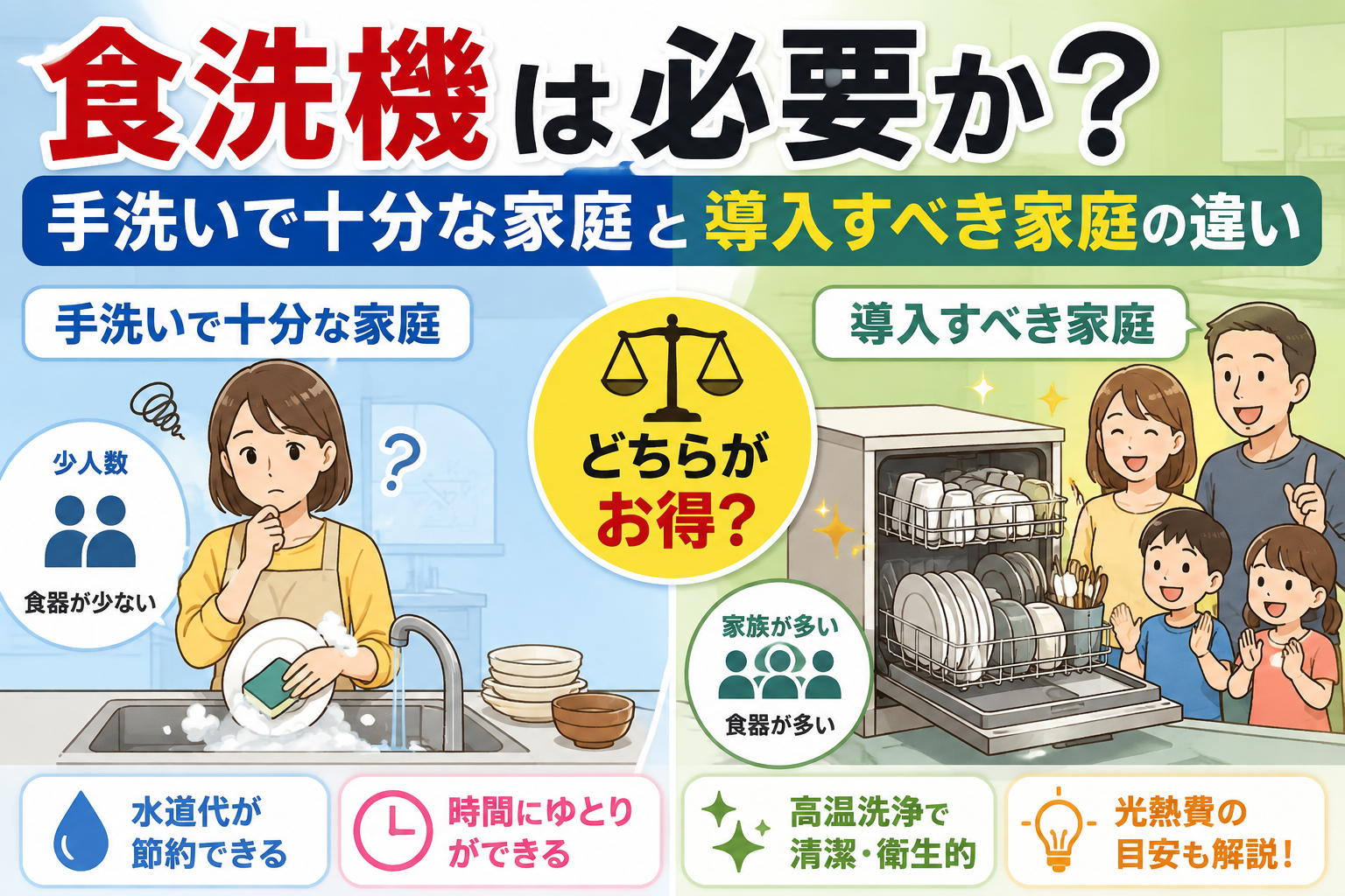 手洗いで十分な少人数家庭と食洗機を導入すべき家族世帯の違いを比較したイラスト