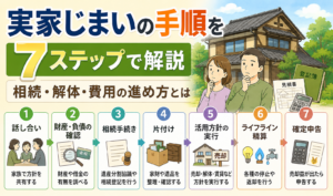 実家じまいの手順を話し合い・財産と負債の確認・相続手続き・片付け・活用方針の実行・ライフライン精算・確定申告の7ステップで解説するイラスト