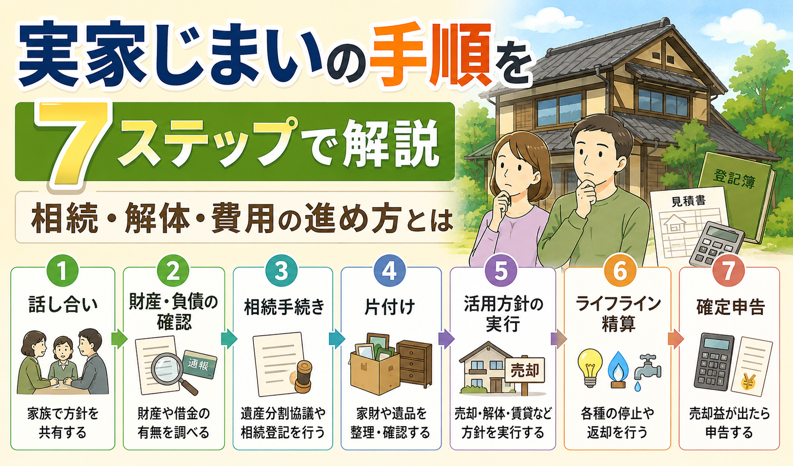 実家じまいの手順を話し合い・財産と負債の確認・相続手続き・片付け・活用方針の実行・ライフライン精算・確定申告の7ステップで解説するイラスト