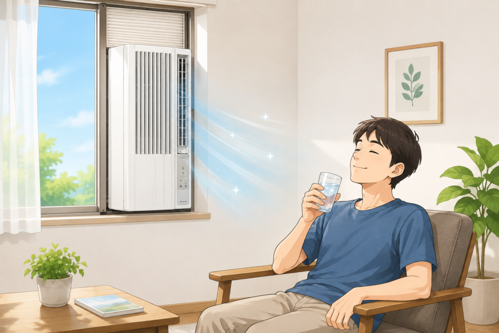 ウインドエアコンの涼しい風を受けながら室内で快適にくつろいでいる男性のイラスト