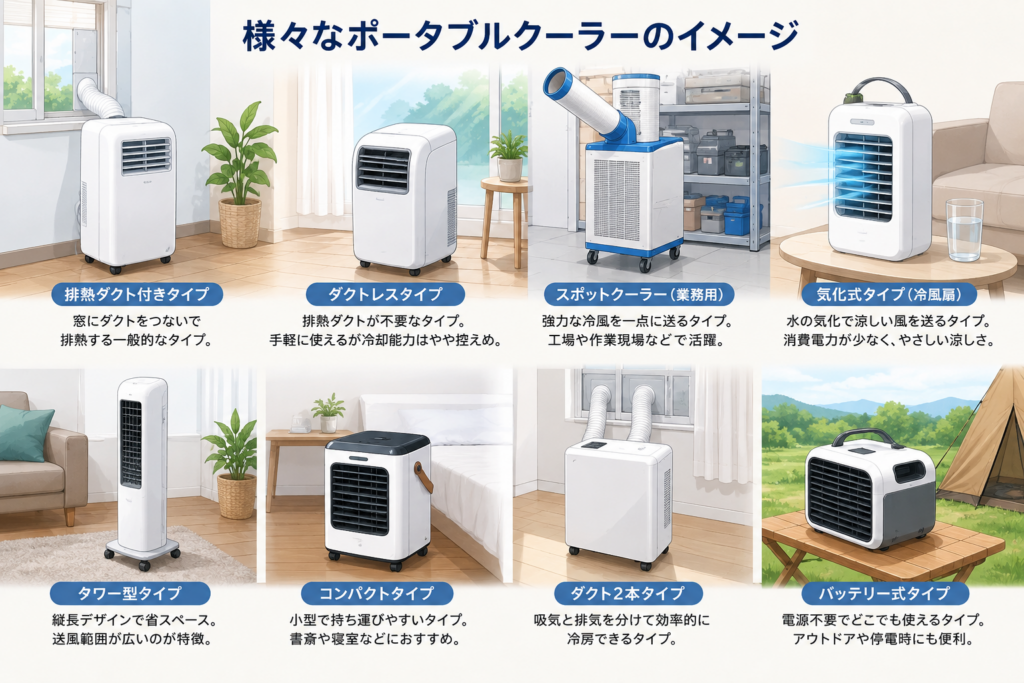 排熱ダクト付きやダクトレス、スポットクーラーなど、さまざまな種類のポータブルクーラーを並べたイメージイラスト