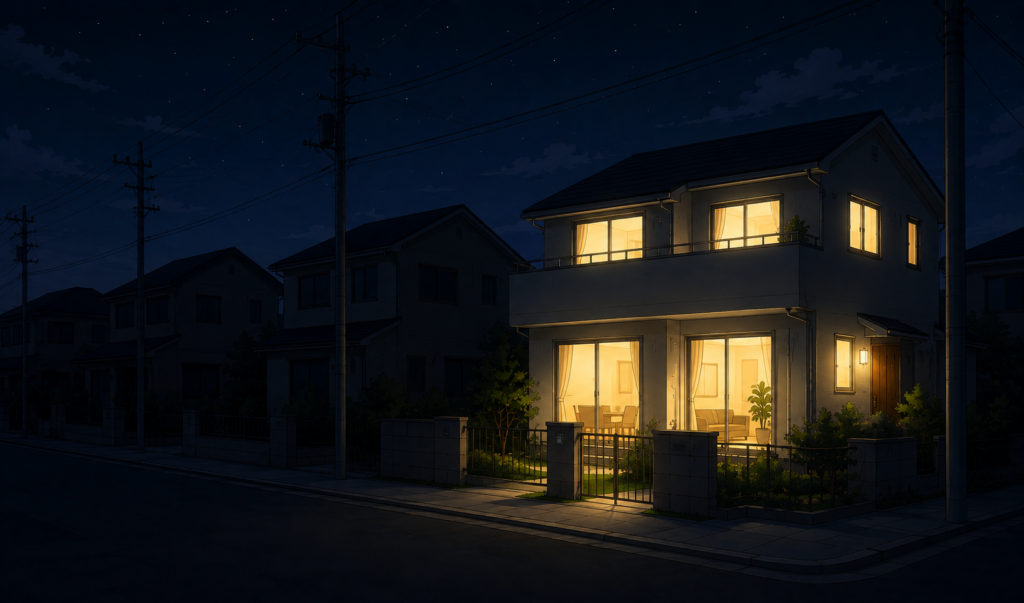 停電で周囲の住宅が暗い中、自分の家だけ室内の明かりがついている夜の住宅街のイラスト