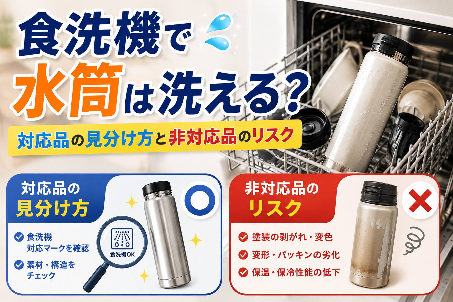 食洗機で洗える水筒の見分け方と、非対応品で起こる塗装の剥がれや変色などのリスクを示したイメージ