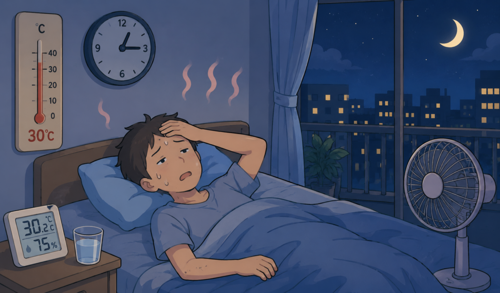 熱帯夜の暑さと高い湿度で寝苦しく、汗をかきながらベッドで横になっている男性のイラスト