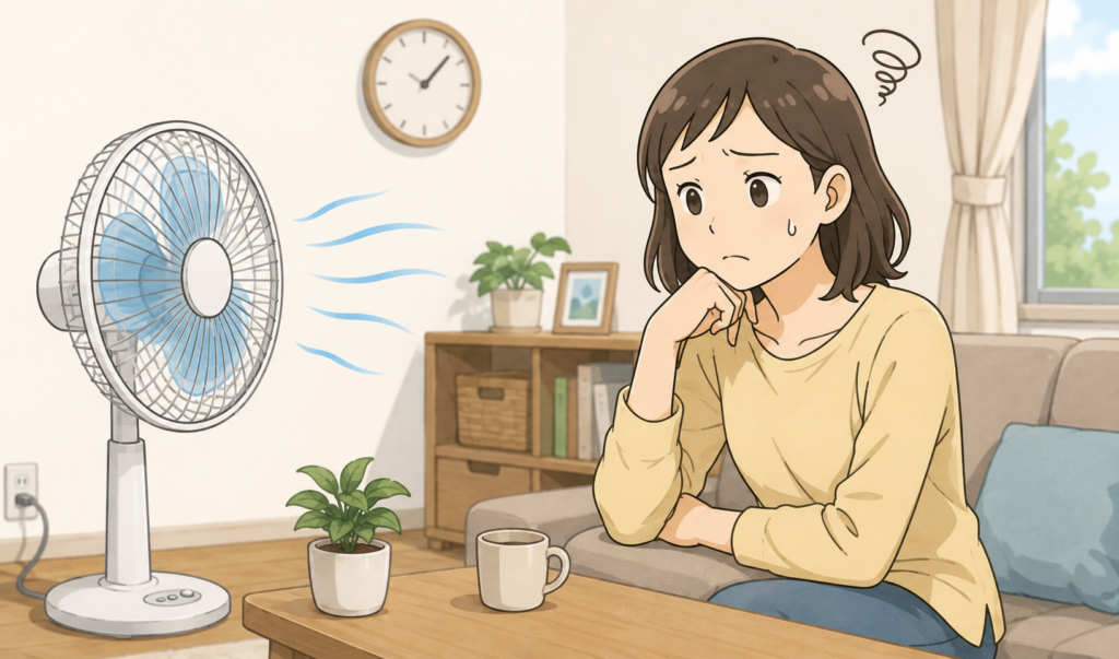 つけっぱなしで回っている扇風機を見ながら心配そうにしている女性のイメージイラスト