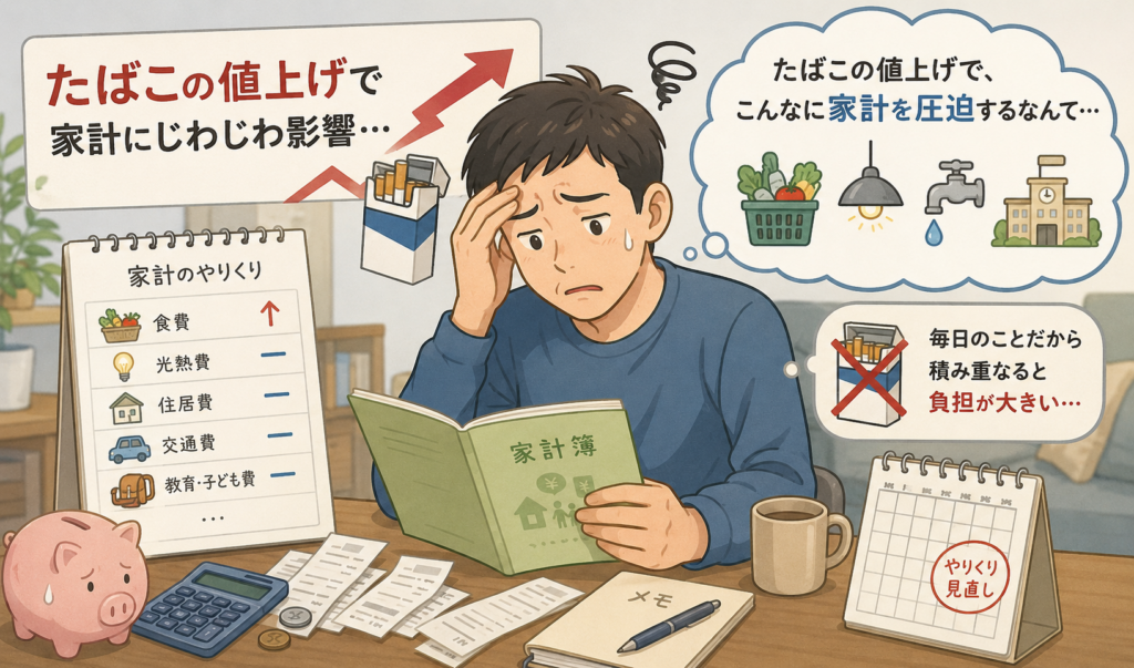 たばこの値上げによる家計への負担を心配し、家計簿を見ながら困っている男性のイラスト