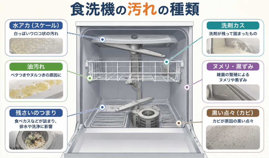 alt属性:食洗機の庫内に付着する水アカ・洗剤カス・油汚れ・ヌメリや黒ずみ・残さいのつまりなど、汚れの種類を示したイメージイラスト