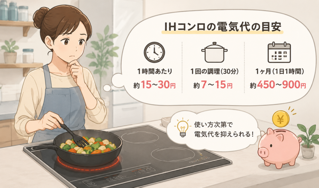 IHコンロで調理しながら電気代について考えている女性のイメージイラスト