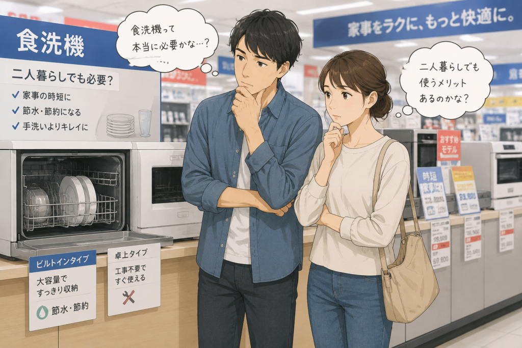二人暮らしで食洗機が必要かどうか、家電量販店の売り場で悩んでいる男女のイラスト