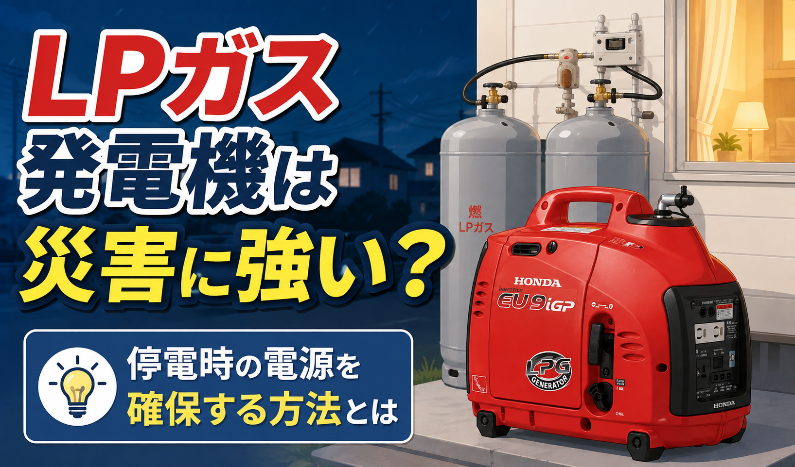 停電時の電源確保に使用するLPガス発電機と、接続されたLPガスボンベのイメージイラスト