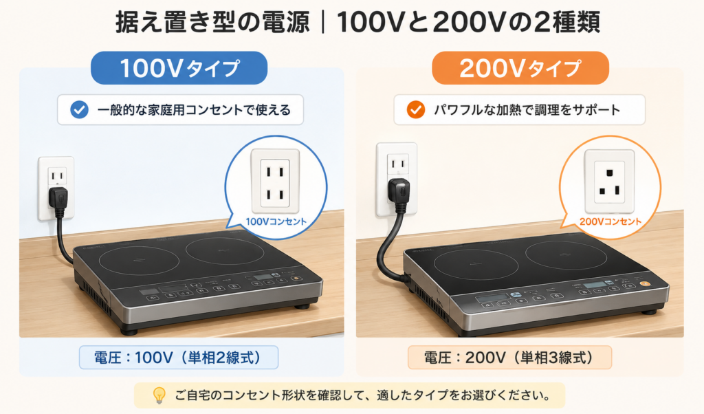 据え置き型IHコンロの100Vタイプと200Vタイプの電源・コンセントの違いを比較したイラスト