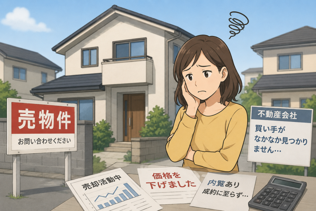 売りに出している家の買い手が見つからず、困った表情で悩んでいる女性のイラスト