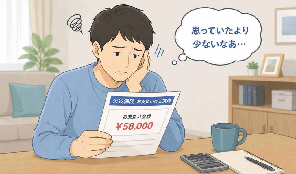 火災保険の支払通知を確認し、思っていたより保険金が少なくてがっかりしている男性のイラスト