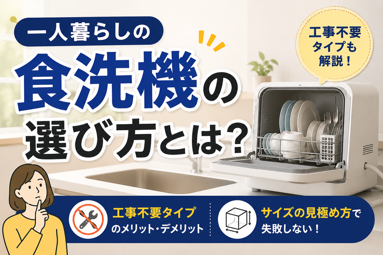 一人暮らし向けの工事不要食洗機とサイズの選び方を紹介するサムネイル画像