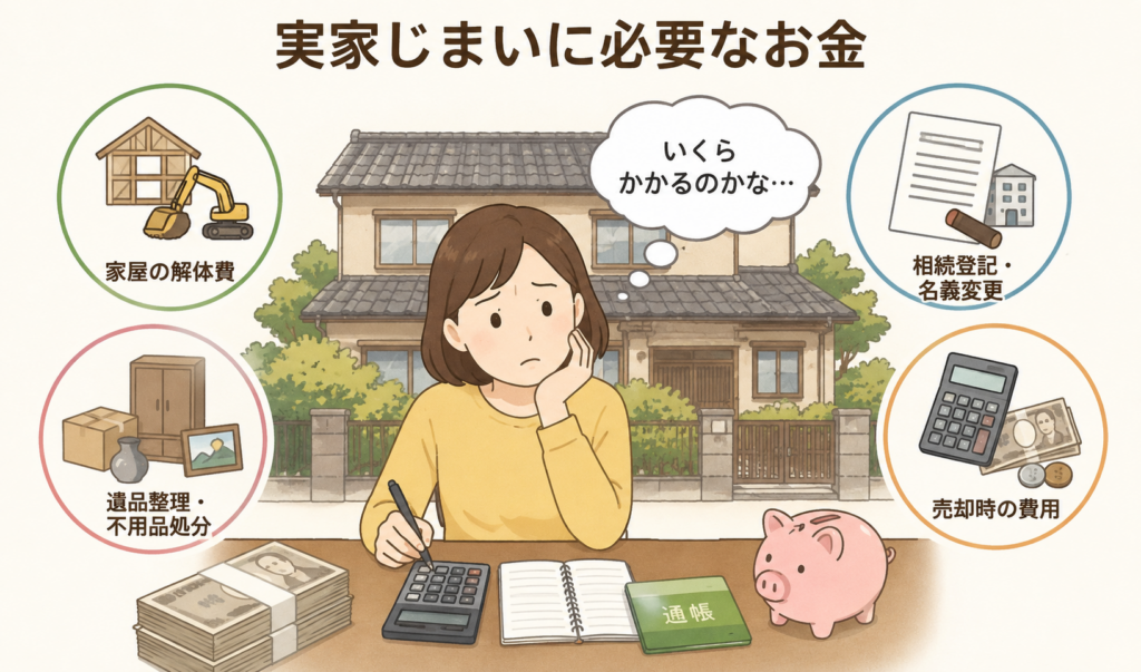 実家じまいに必要な解体費や遺品整理、相続登記、売却費用を確認しながらお金の心配をする女性のイラスト