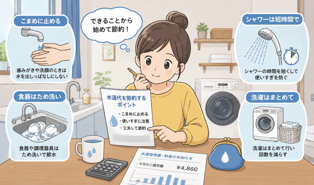 水道代を節約するために蛇口やシャワー、洗濯などの節水方法を確認している女性のイラスト