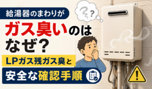給湯器のまわりのガス臭に気づき、鼻を押さえながら心配そうに確認している男性のイラスト