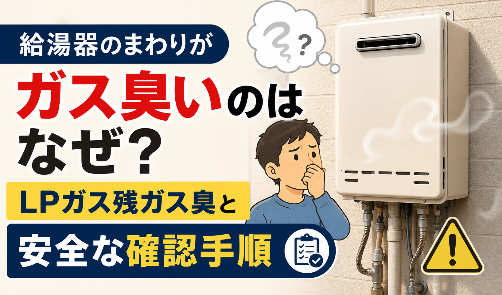 給湯器のまわりのガス臭に気づき、鼻を押さえながら心配そうに確認している男性のイラスト