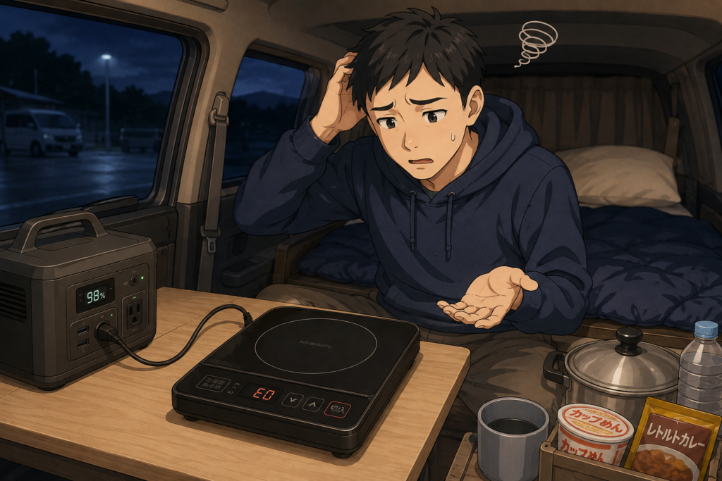 車中泊中にIHコンロが使えず、ポータブル電源とIHコンロを前に困っている男性のイラスト