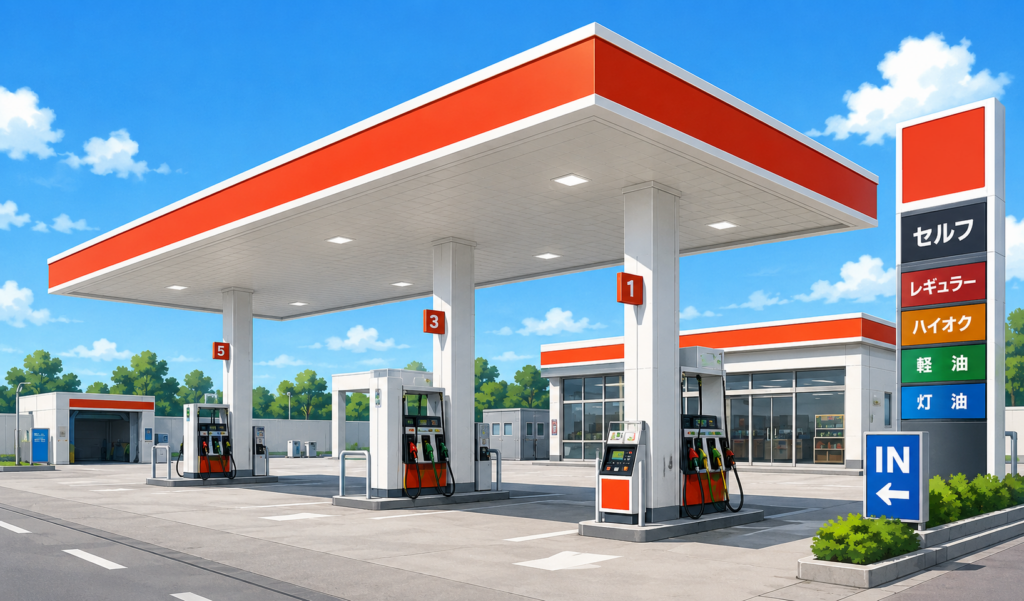 青空の下に給油機や店舗が並ぶセルフ式ガソリンスタンドのイメージイラスト