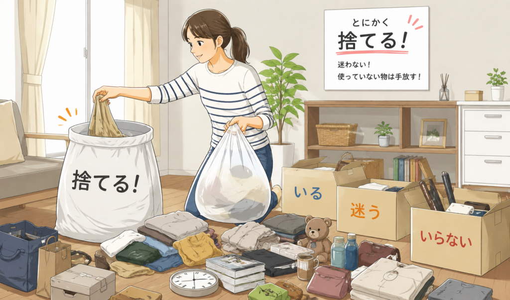物を次々と捨てながら部屋の片付けを進めている女性のイラスト