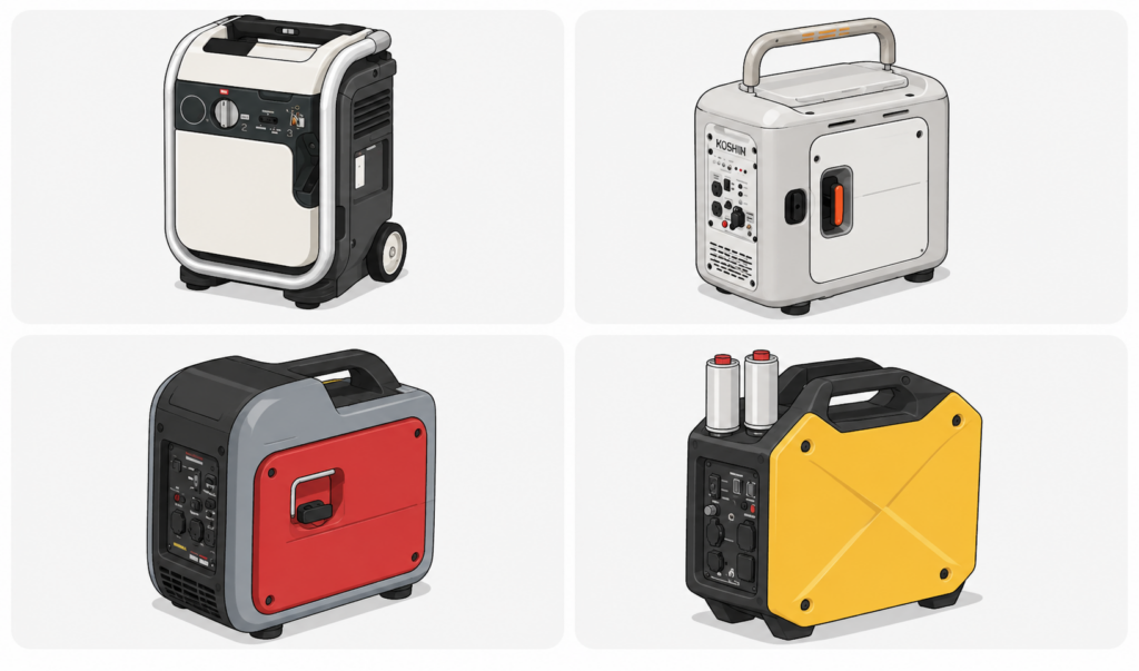 4種類のカセットボンベ式ガス発電機を4分割で並べたイラスト