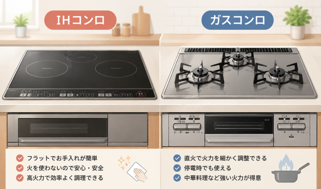 IHコンロとガスコンロを左右に並べて比較したキッチンのイメージイラスト
