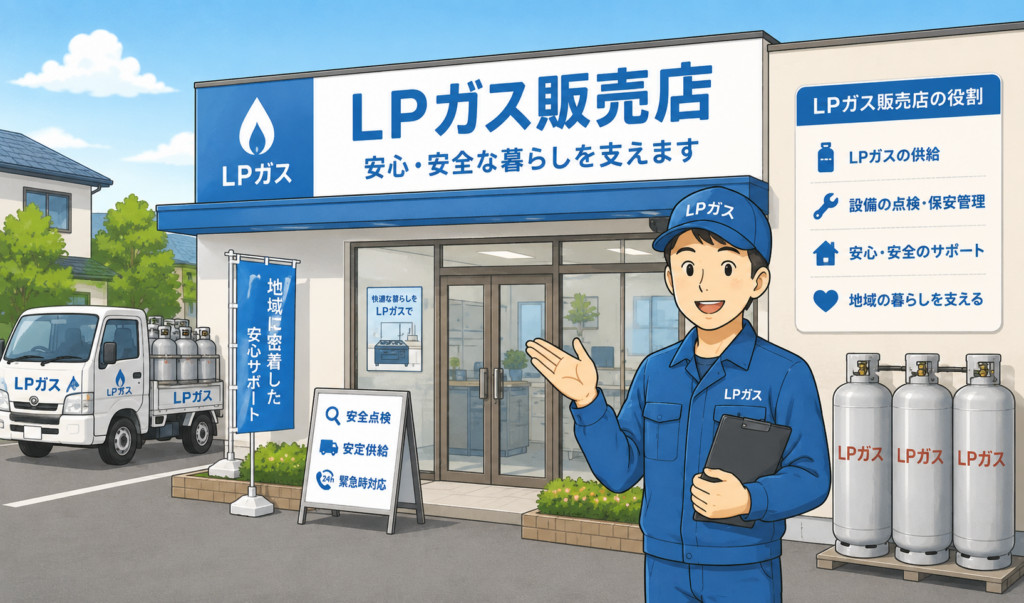 LPガス販売店の店舗前で、配送車やLPガス容器とともにスタッフが案内しているイメージイラスト