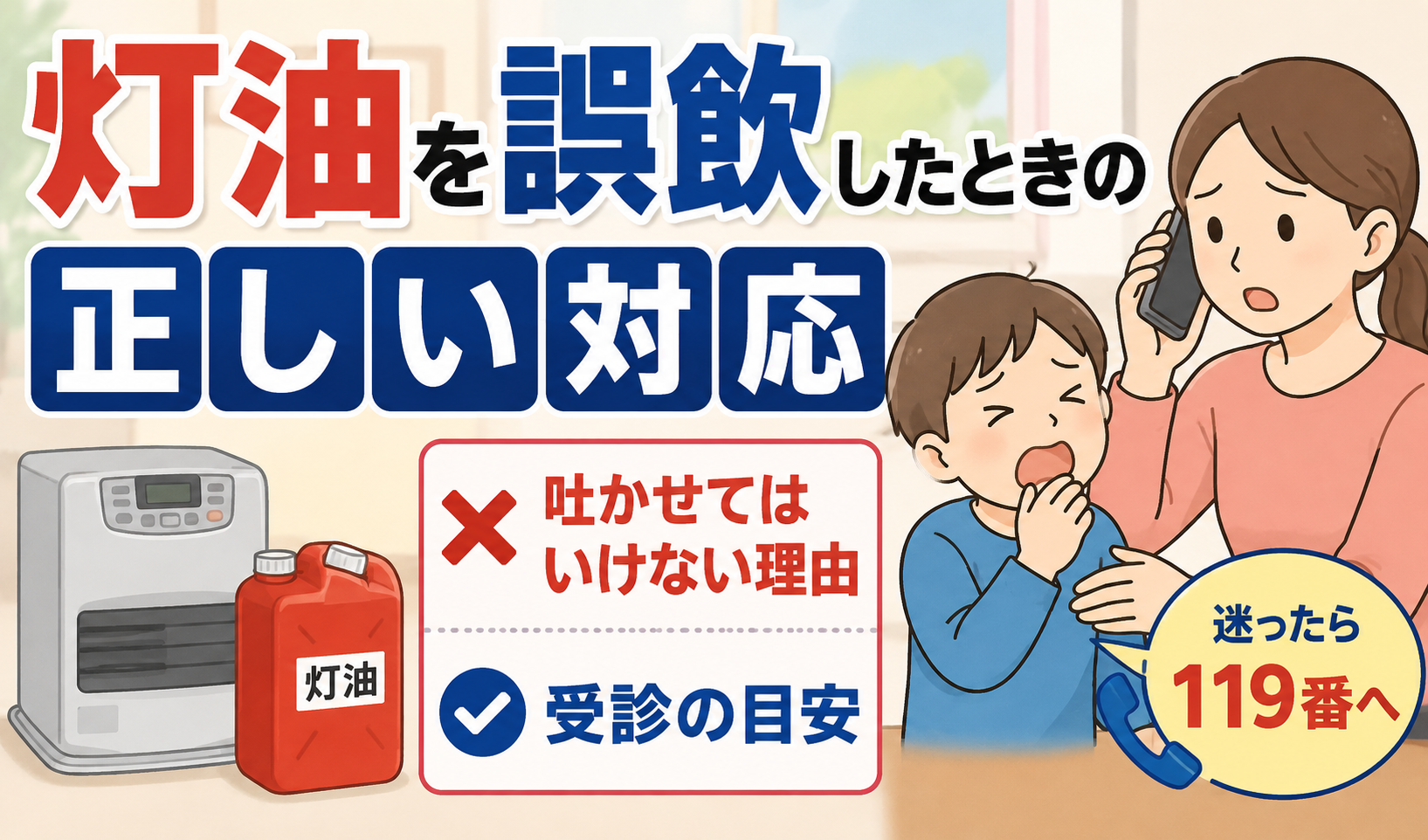 灯油を誤飲した子どもを心配する保護者と、吐かせてはいけないことや受診の目安を示したイラスト