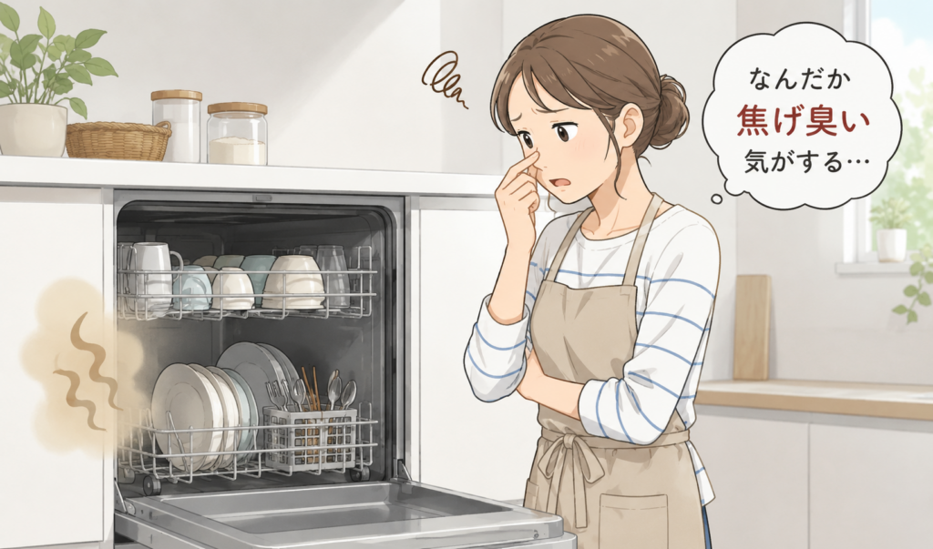 食洗機から焦げ臭いにおいを感じ、鼻を押さえながら心配そうに確認している女性のイラスト